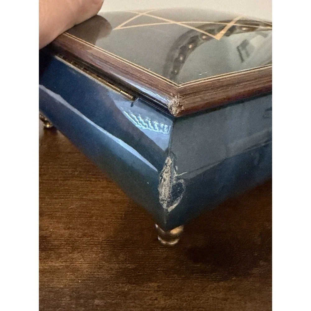 Vintage Star of David Musical Jewelry Box‎ Key Reuge Lever Blue Wood Locking